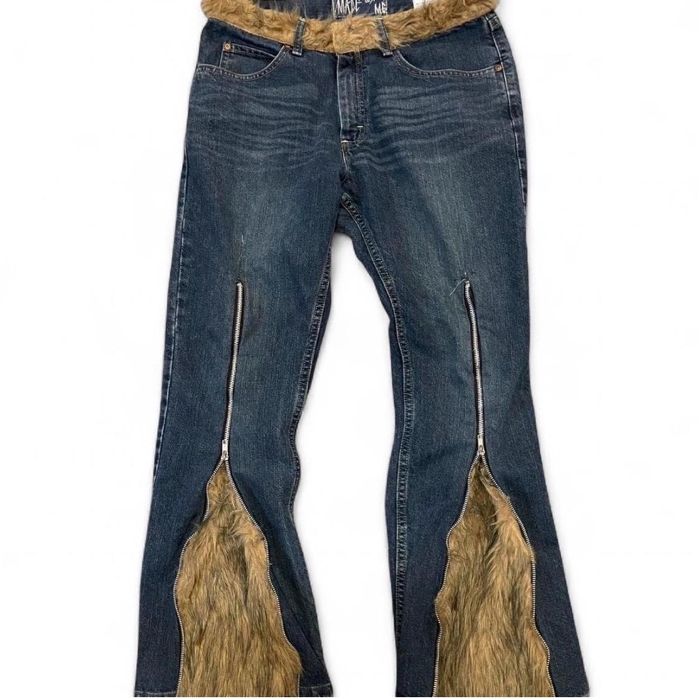 Custom Lee Upcycled Faux Fur Zipper Flare Jeans, Size 32x30 — Streetwear Unique